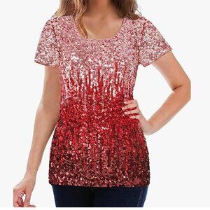 Full Sequin Tops Glitter Party Shirt Short Sleeve Sparkle Blouse, LARGE